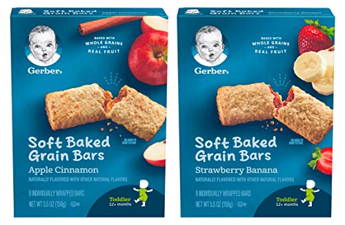 Gerber Soft Baked Grain Bars Variety Pack - 1 Box Apple Cinnamon & 1 Box Strawberry Banana - 8 Individually Wrapped Bars/Box (Pack of 2 Boxes)