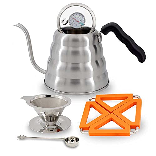 Kitchen Science Gooseneck Kettle w/Built-In Thermometer (40oz/1.2L), Pour Over Kettle that Comes w/Coffee Filter, Coffee Scoop & Kettle Coaster | 100% Stainless Steel, Leak & Rust Proof Tea Kettle