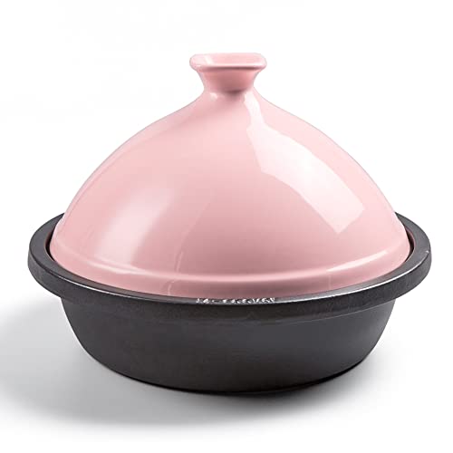 M-Cooker Tagine Pot - 5.5-Quart Moroccan Tajine with Cast Iron Base and Ceramic Cone-Shaped Lid, High-Quality Cookware- Pink