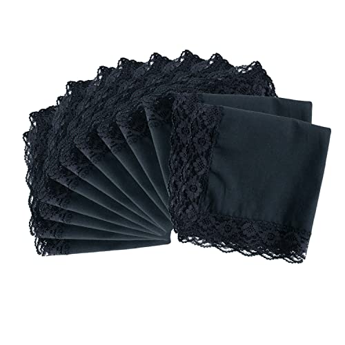 CoCoUSM Ladies Handkerchiefs with Lace Pure Cotton Womens Hankies Black 3PCS