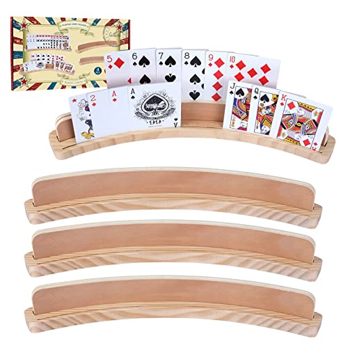 GOTHINK Wood Curved Playing Card Holder Set of 4-14x1.6x1.8 Inch Playing Card Holder Tray Rack with Non Slip Widen Base, Curved Wood Playing Card Holder Organizer for Kids, Seniors and Adults