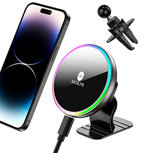 MOKPR Magnetic Wireless Car Charger, MagSafe Compatible Car Mount Wireless Charger Phone Holder for Dash Air Vent, Colorful LED HandsFree Magnet Car Charger iPhone 14/13/12 Series