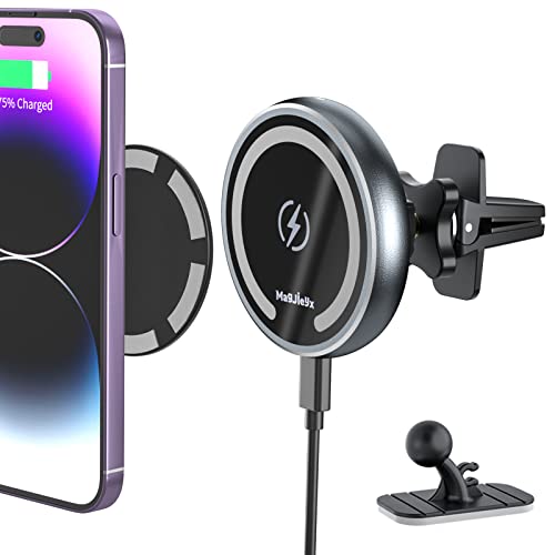 Magnetic Wireless Car Charger Mount for Magsafe iPhone 14 Pro Max,13, 12, Pro Max, Mini,Airpods3, QI 15 W Car Charging, Stick On Car Dashboard and Air Vent Car Phone Holder