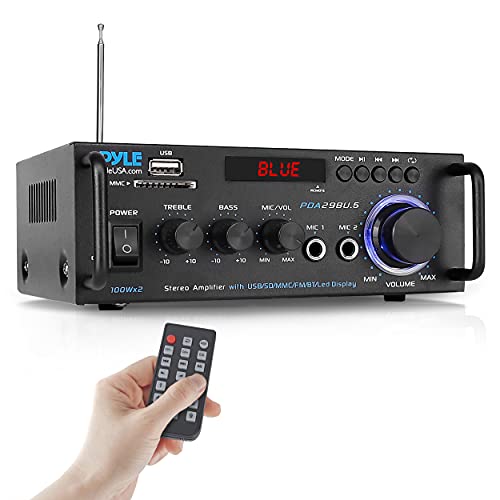 Pyle Wireless Bluetooth Stereo Power Amplifier - 200W Dual Channel Sound Audio Stereo Receiver System w/ RCA, USB, SD, MIC IN, FM Radio, For Home Theater Entertainment via RCA, Studio Use - PDA29BU