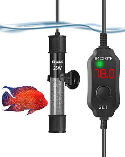 Kulife Fumak 25W Adjustable Aquarium Heater Super Short Submersible Fish Tank Heater Fish Heater with LED Digital Display Thermostat, for Tanks 3-5 Gallons
