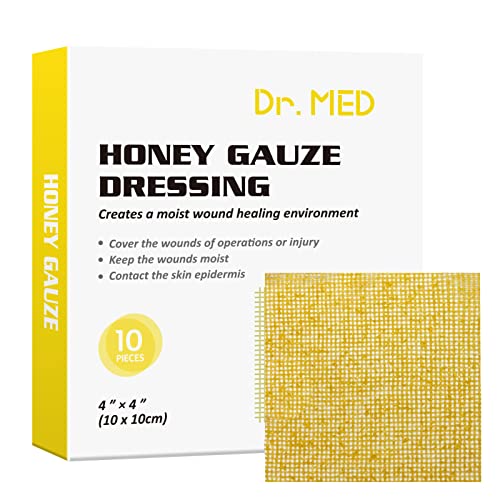 Dr. Med Manuka Honey Gauze Dressing, 4" X 4" Honey Medical Bandage Tulle Mesh Patch for Minor Abrasions, Cuts, Lacerations, Scald and Burns for Wound Healing, Chemical and Drug Free(10 PCS)