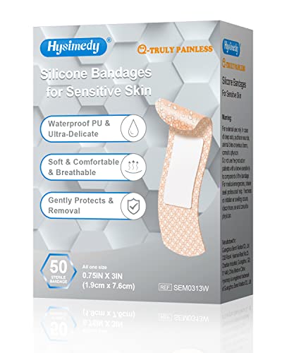 Hysimedy Silicone Adhesive Bandages for Sensitive Skin Ultra-Waterproof Series - 3/4"x3"(50 Counts) - Pain Free Hypoallergenic Latex Free Bandaids for Elderly Kids