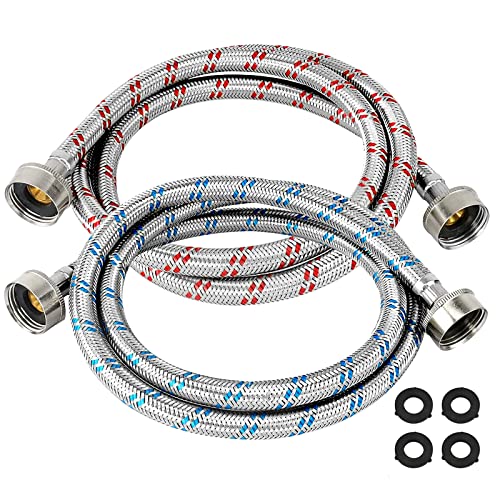 Beaquicy 4 Ft Washing Machine Hoses Burst Proof Braided Stainless Steel - Fit for ALL Washers - Red and Blue Washer Hoses(2 Packs)