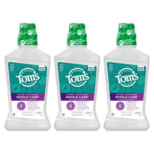 Tom's of Maine Whole Care Natural Fluoride Mouthwash, Fresh Mint, 16 oz. 3-Pack (Packaging May Vary)