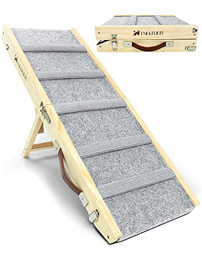 TNELTUEB Small Dog Ramp, 32.6" Long and 11.8" Wide Wooden Folding Portable Pet Ramp, Adjustable from 10" to 19" with Non-Slip Traction Mat, Dog Ramps for Car, Bed, Couch, Rated for 30 LBS(Light Grey)