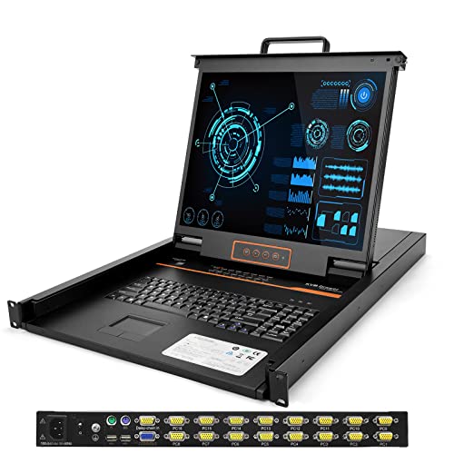 16 Port Rackmount KVM Console with 19'' LCD Rack Mount Monitor Keyboard, VGA 1U KVM Switch, 1280x1024@60Hz Resolution, 16 USB VGA Cables Included,OSD Menu, for Windows, Linux, Mac and Sun