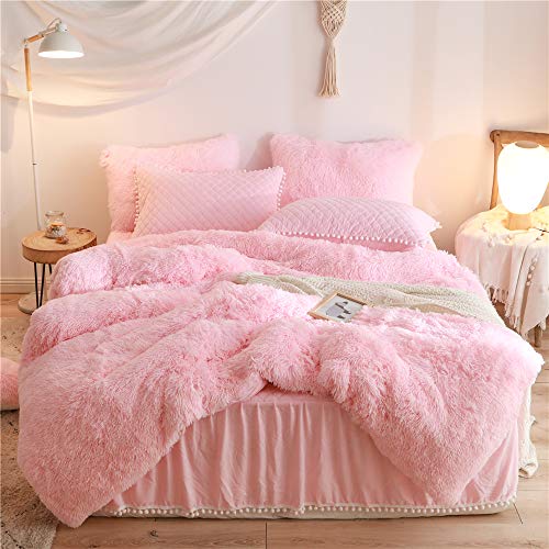 HAIHUA Luxury Plush Shaggy Duvet Cover Flannel Velvet Bedding (1 Faux Fur Duvet Cover +2 Faux Fur Pillowcases) Fluffy Comforter Bed Sets 3 Pieces,Zipper Closure (Pink, Queen)