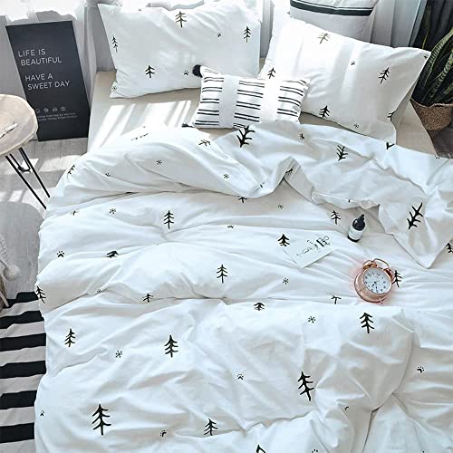 BuLuTu Kids Duvet Cover Twin Cotton White/Grey,Premium Boys Girls Bedding Sets Twin,Single Bed Comforter Cover Zipper Closure,Forest Tree Print Pattern,Super Soft,Breathable,No Comforter