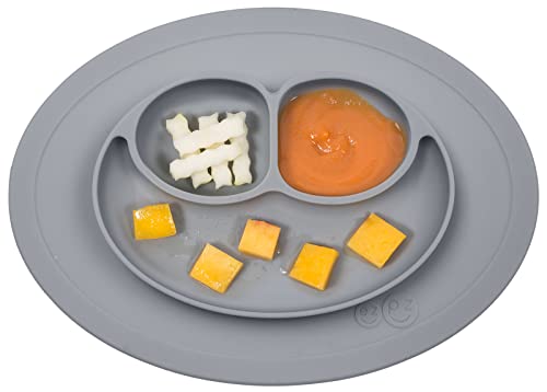 ez pz Mini Mat (Gray) - 100% Silicone Suction Plate with Built-in Placemat for Infants + Toddlers - First Foods + Self-Feeding - Comes with a Reusable Travel Bag