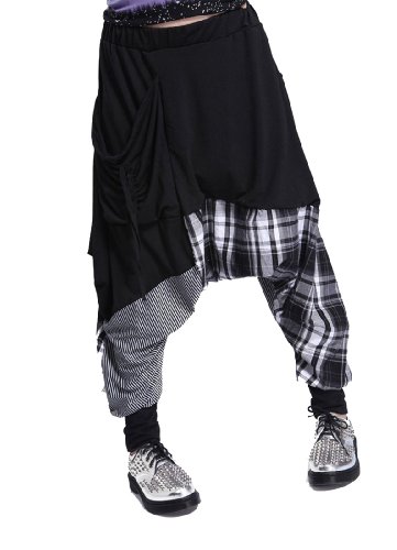 ellazhu Womens Casual Harem Pants Baggy MC Hammer Drop Crotch Joggers Pocket Plaid Hip Hop Yoga Pants GY206 Black