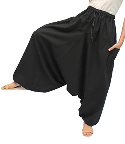 ChiangmaiThaiShop 100% Cotton Baggy Boho Aladin Yoga Harem Pants (S-XL for Waist for 26" - 42", B-1)