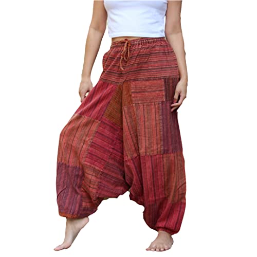 PEACH PEBBLE Harem Pants Unisex, Hippie 100% Cotton Soft Yoga Boho Trousers, Hippie Colorful Patchwork Pants Men Women Casual Fashion Aladdin Dhoti Stoned Washed Drop Crotch pare Cotton - Bricks Red