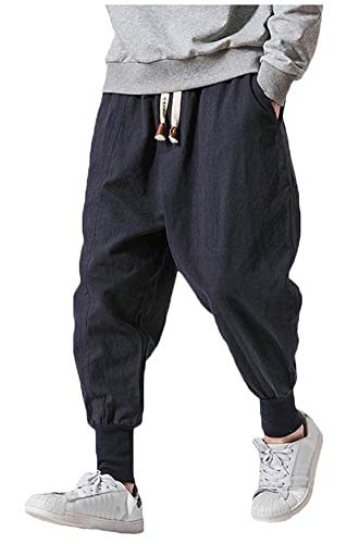 LifeHe Men Linen Drop Crotch Wide Leg Baggy Harem Pants (Blue, XXL)