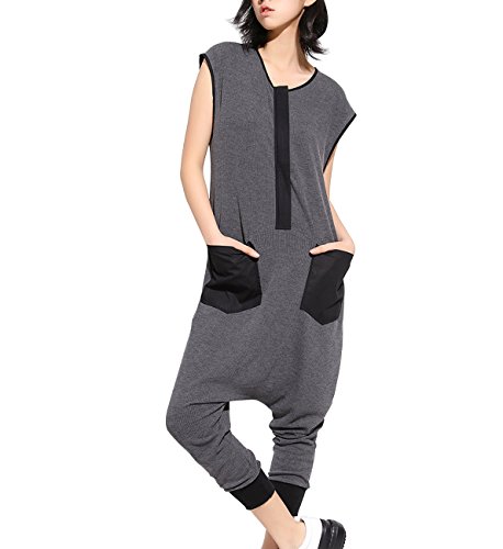 ellazhu Women's Summer Black Sleeveless Drop Crotch Harem Jumpsuits Harem Pants Rompers GY867 Grey