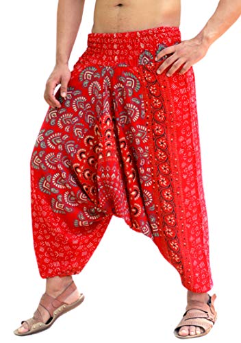 SARJANA HANDICRAFTS Mens Womens Rayon Mandala Pockets Harem Pants Yoga Drop Crotch Trouser (Red)
