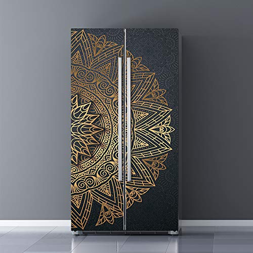 Vintage Art Self Stick Vinyl Door Mural Sticker, Peel and Stick Removable Refrigerator Wrap Decal, Noble Mandala, 32.3x78.7", 2 Pcs Set