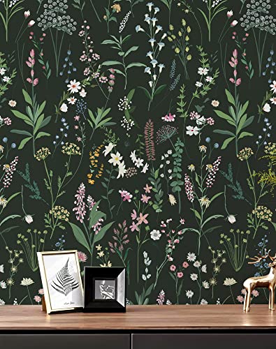 JiffDiff Floral Wallpaper Peel and Stick Farm Floral 17.32" x 236.22" Wildwood Wallpaper Dark Wallpaper Self Adhesive Wallpaper Coverage 30 sq.ft