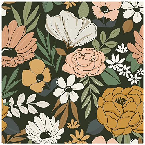 HAOKHOME 93217 Vintage Large Floral Peel and Stick Wallpaper Removable Daisy Leaf Black/Sand/Oliva Vinyl Self Adhesive Mural 17.7in x 9.8ft