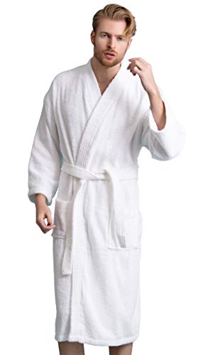 Soft Touch Linen Men's Robe, Turkish Terry Bathrobe, 100% Cotton Kimono Spa Bathrobe (Large, White)