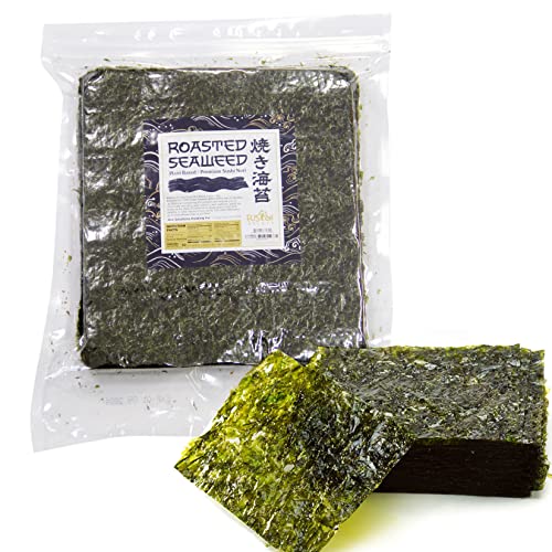 Fusion Select 50 Full Sheet Roasted Seaweed Sheets for Sushi Rolls - Japanese Nori Sheets For Sushi, California Roll, Onigiri, Musubi, Maki, Bento, Dried Seaweed Snack - Full Sheets of Yaki Nori