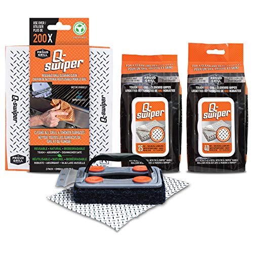 Q-Swiper BBQ Grill Cleaner Gift Bundle Set - 1 Q-Swiper Grill Brush, 65 Q-Swiper Grill Cleaning Wipes and 2 Q-Swiper Reusable Grill Cloths. Safe Way to Clean BBQ Grill Grates and Grill Exterior.