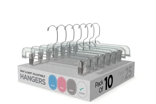 Sharpty Pants & Skirt Hangers with Adjustable Metal Clips - Heavy Duty Space Saving Closet Hanger for Jeans, Shorts, Shirts - Clothing Garment Hangers for All Types of Apparel - Clear, Pack of 10