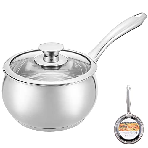 Hamilton Beach Sauce Pan Stainless Steel 2 Quart with Glass Lid, Ergonomic Handle, Multipurpose Sauce Pan with Lid, Small Pot for Cooking