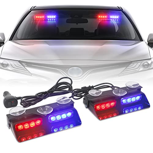 XRIDONSEN 2 in1 Dash Emergency Strobe Lights Interior Windshield Red Blue Warning Safety Flashing Police Lights Law Enforcement w/Suction Cups for Volunteer Vehicles, Trucks (27.16 inch, 16 LED)