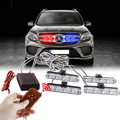 Sidaqi 4 in 1 Red&Blue Emergency Strobe Lights Police Lights for Vehicles 12V with 16 Flashing Patterns Wireless Remote Control Grille Lights Emergency Lights for Vehicles Car Truck Van SUV