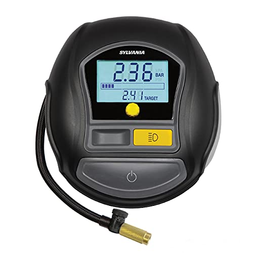 Sylvania Rapid Portable Tire Inflator - Large LED Digital Display Gauge with Quick Set Auto Stop Inflation and Setting Memory - LED Work Light -Carrying Case, Gloves, Spare Valve Stem Caps, Spare Fuse