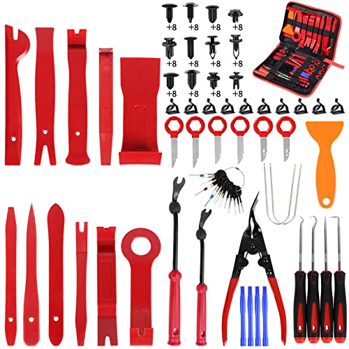 manfiter 148Pcs Trim Removal Tool, Pry Kit Car Panel Tool Radio Removal Tool Kit, Auto Clip Pliers Fastener Remover Pry Tool Kit, Car Upholstery Repair Kit, Prying Tool Kit with Storage Bag (Red)