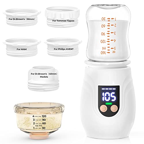 Baby Bottle Warmer for Breastmilk with 5 Adapters, Quick Heating Portable Bottle Warmer Rechargeable Travel Bottle Warmer with 5-Temperature Real-time Display & Beep Prompts, Baby Brew Bottle Warmer