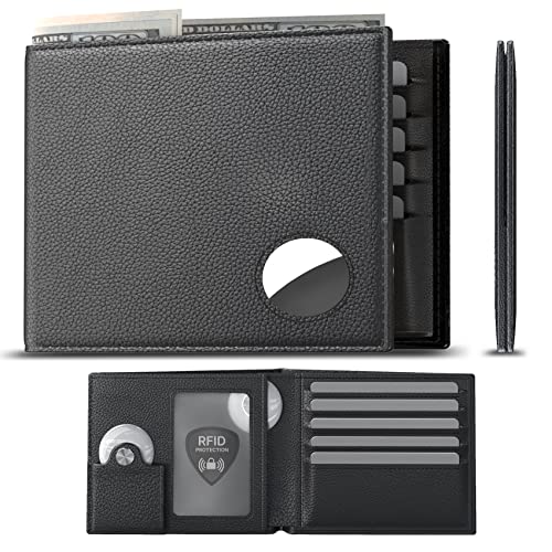 Men's Leather Wallet with Stealth Pocket for AirTag | Top Grain Leather | Bifold | RFID Blocking | 8-16 Card Capacity | Bill Divider | ID Window | Hidden Pocket Compatible with Apple Air Tag (Black)
