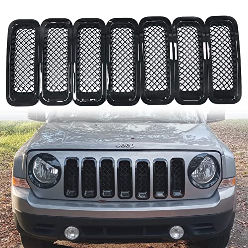 Bolaxin Chrome Black Front Mesh Grille Grill Mesh Grille Insert Kit Compatible with Jeep Patriot 2011-2017 (7 PCS)