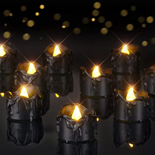 Homemory 24-Pack Melting Black Candles Battery Operated Tea Lights, Halloween Candle Tea Light Candles, Flameless Flickering Black Candles, Ideal for Holiday Decor, Theme Party, Dia 1-2/5" x H 1-1/4''