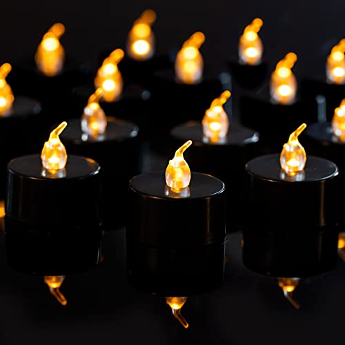 LANKER 24 Pack Black Tea Lights Candles  Flickering Warm Yellow Lights Flameless LED Candles  Long Lasting Battery Operated Fake Candles  Decoration for Wedding, Halloween and Christmas