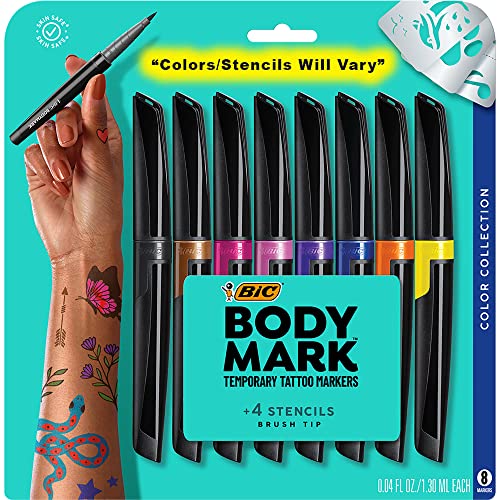 BIC BodyMark Temporary Tattoo Markers for Skin, Color Collection, Flexible Brush Tip, 8-Count Pack of Assorted Colors, Skin-Safe*, Cosmetic Quality (MTBP81-AST), 1 Count (Pack of 8)