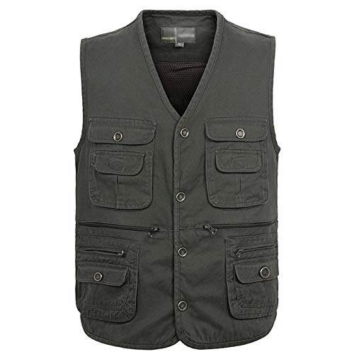Flygo Men's Casual Cotton Outdoor Work Safari Travel Photo Vest with Multi Pockets (Large, Army Green)