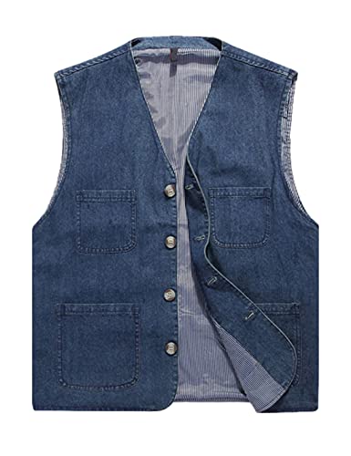 HangNiFang Men's Casual Denim Cotton Utility Vest Button Up Outdoor Pocketed Waistcoat(0185-Blue-L)