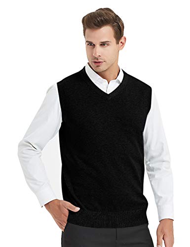 TOPTIE Men Business Solid Color Plain Sweater Vest, Cotton Fit Casual Pullover-Black-XXL