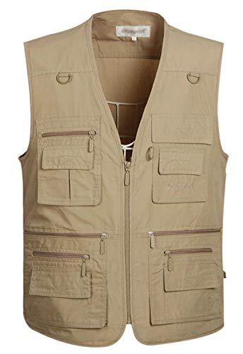 Gihuo Men's Summer Cotton Leisure Outdoor Pockets Fish Photo Journalist Vest Plus Size (Large, Khaki)