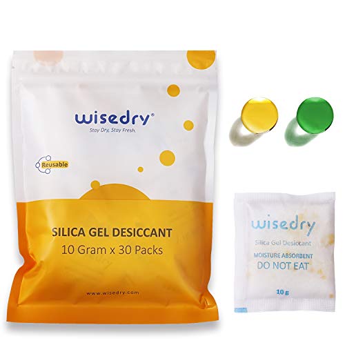 wisedry 10 Gram [30 Packs] Silica Gel Desiccant Packets Reusable for Moisture with Color Indicating Rechargeable Small Dessicant Packs Food Grade