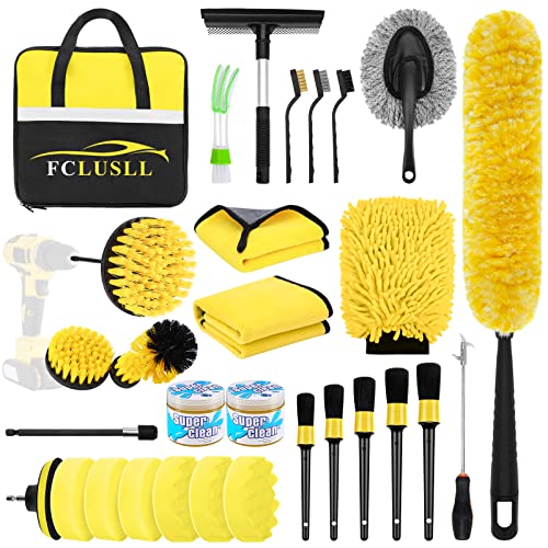 FCLUSLL 30Pcs Car Cleaning Tools Kit, Car Detailing Kit with 18inch Rim Wheel Brush, Detail Brushes, Wash Mitt, Interior and Exterior Auto Wheel Tire Brush Set