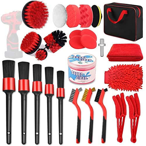 OUTIMI 27PCS Car Detailing Brush Set, Car Detailing kit, Car Detailing Drill Brush Set, Car Detailing Brushes, Auto Polishing Brush, Car Wash Kit with Cleaning Gel, Car Cleaning Tools Kit - Red