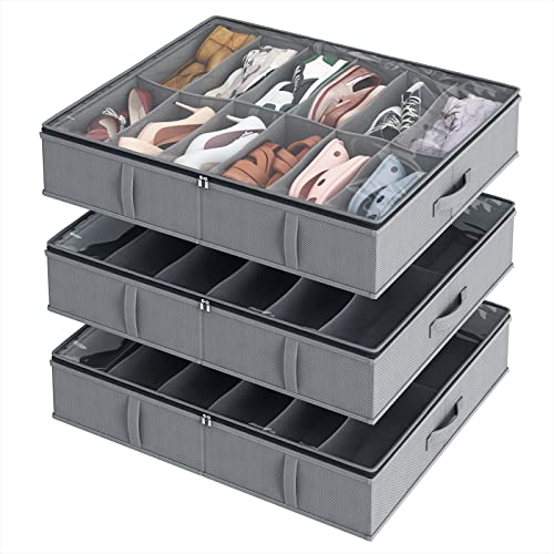 Fixwal Under Bed Shoe Storage Organizer 3pcs Foldable Organizer Shoe Containers, Total Fits 36 Pairs, Sturdy Shoe Boxes Storage with Clear Window 3 Handles, Grey